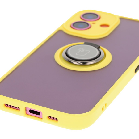 Etui z uchwytem na palec Bizon Case Hybrid Ring do iPhone 16, przydymione z żółtą ramką