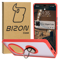 Etui z uchwytem na palec Bizon Case Hybrid Ring do Honor Magic7 Lite, przydymione z czerwoną ramką