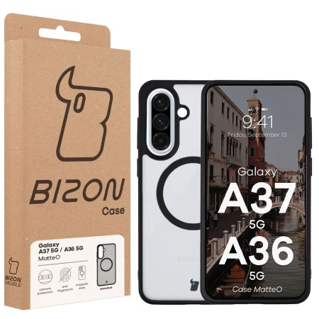 Etui z pierścieniem magnetycznym Bizon Case MatteO do Galaxy A37 5G / A36 5G, przydymione-czarne