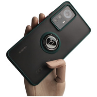 Etui z uchwytem na palec Bizon Case Hybrid Ring do Xiaomi 12T / 12T Pro, przydymione z ciemnozieloną ramką
