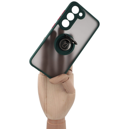 Etui z uchwytem na palec Bizon Case Hybrid Ring do Galaxy S23, przydymione z ciemnozieloną ramką