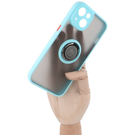 Etui z uchwytem na palec Bizon Case Hybrid Ring do iPhone 14, przydymione z jasnoniebieską ramką