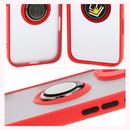 Etui z uchwytem na palec Bizon Case Hybrid Ring do iPhone 16, przydymione z czerwoną ramką