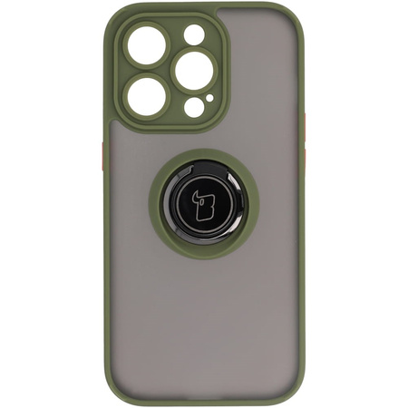 Etui z uchwytem na palec Bizon Case Hybrid Ring do iPhone 14 Pro, przydymione z zieloną ramką