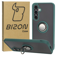 Etui z uchwytem na palec Bizon Case Hybrid Ring do Galaxy S24 FE, przydymione z ciemnozieloną ramką