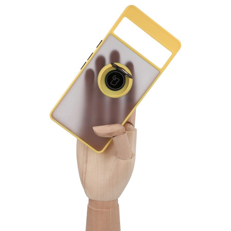 Etui z uchwytem na palec Bizon Case Hybrid Ring do Google Pixel 7 Pro, przydymione z żółtą ramką