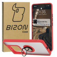 Etui z uchwytem na palec Bizon Case Hybrid Ring do Xiaomi 14T Pro, przydymione z czerwoną ramką