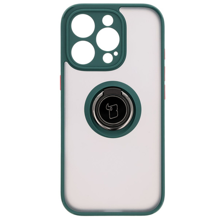 Etui z uchwytem na palec Bizon Case Hybrid Ring do iPhone 16 Pro, przydymione z ciemnozieloną ramką