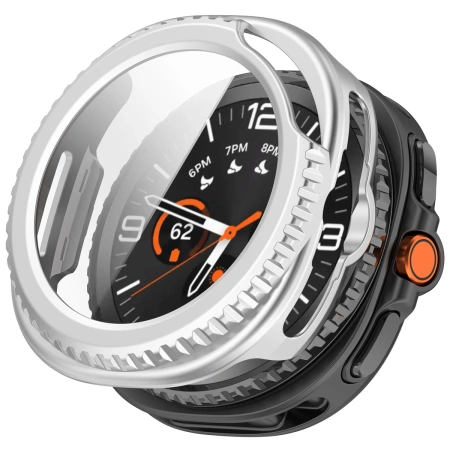 Etui ze szkłem do zegarka Bizon Case Watch Adamo do Samsung Galaxy Watch 8 Classic 46 mm, satynowo srebrne