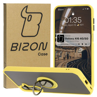 Etui z uchwytem na palec Bizon Case Hybrid Ring do Galaxy A16 4G/5G, przydymione z żółtą ramką
