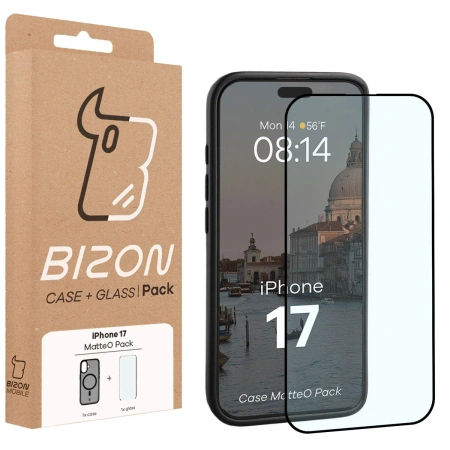 Etui z pierścieniem magnetycznym + szkło hartowane Bizon MatteO Pack do iPhone 17, przydymione-czarne
