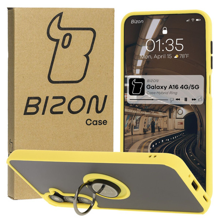 Etui z uchwytem na palec Bizon Case Hybrid Ring do Galaxy A16 4G/5G, przydymione z żółtą ramką