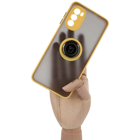 Etui z uchwytem na palec Bizon Case Hybrid Ring do Motorola Moto G52 / G82, przydymione z żółtą ramką
