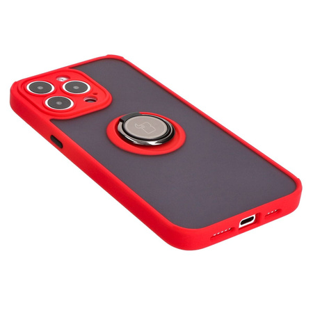 Etui z uchwytem na palec Bizon Case Hybrid Ring do iPhone 15 Pro Max, przydymione z czerwoną ramką