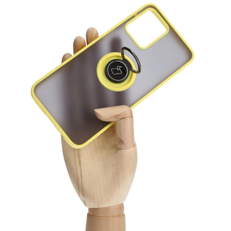 Etui z uchwytem na palec Bizon Case Hybrid Ring do Motorola Moto G13 / G23 / G53 5G, przydymione z żółtą ramką