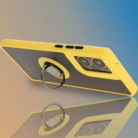 Etui z uchwytem na palec Bizon Case Hybrid Ring do Motorola Moto G85 5G, przydymione z żółtą ramką