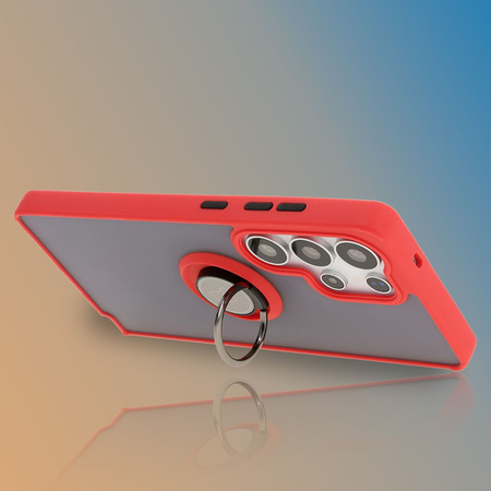 Etui z uchwytem na palec Bizon Case Hybrid Ring do Galaxy S25 Ultra, przydymione z czerwoną ramką