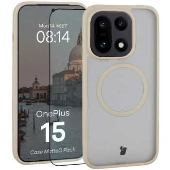 Etui z pierścieniem magnetycznym + szkło hartowane Bizon MatteO Pack do OnePlus 15, przydymione-beżowe