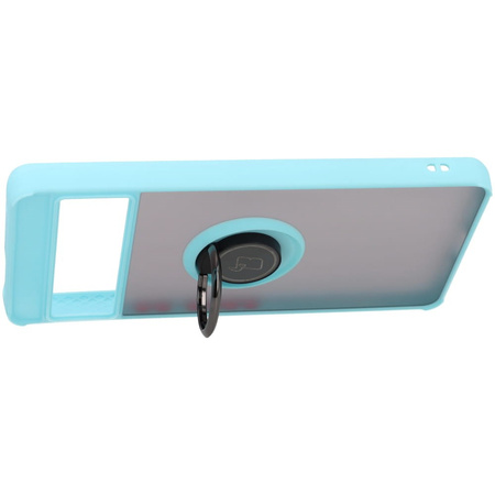 Etui z uchwytem na palec Bizon Case Hybrid Ring do Google Pixel 7, przydymione z jasnoniebieską ramką