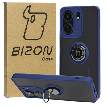Etui z uchwytem na palec Bizon Case Hybrid Ring do Xiaomi Redmi 13C / Xiaomi Poco C65, przydymione z granatową ramką