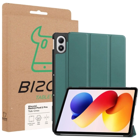 Etui z klapką Bizon Case Tab Croc do Xiaomi POCO Pad M1 / Redmi Pad 2 Pro, ciemnozielone