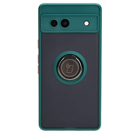 Etui z uchwytem na palec Bizon Case Hybrid Ring do Google Pixel 7A, przydymione z ciemnozieloną ramką