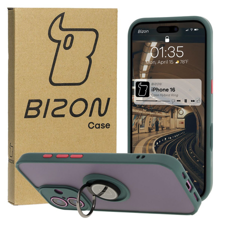 Etui z uchwytem na palec Bizon Case Hybrid Ring do iPhone 16, przydymione z ciemnozieloną ramką