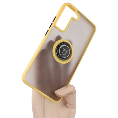 Etui z uchwytem na palec Bizon Case Hybrid Ring do Galaxy S22 Plus, przydymione z żółtą ramką