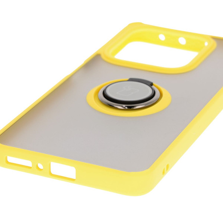 Etui z uchwytem na palec Bizon Case Hybrid Ring do Xiaomi Redmi Note 14 5G, przydymione z żółtą ramką