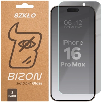 Prywatyzujące szkło hartowane Bizon Glass Clear Shadow Duo do iPhone 16 Pro Max, przyciemniane, 2 sztuki