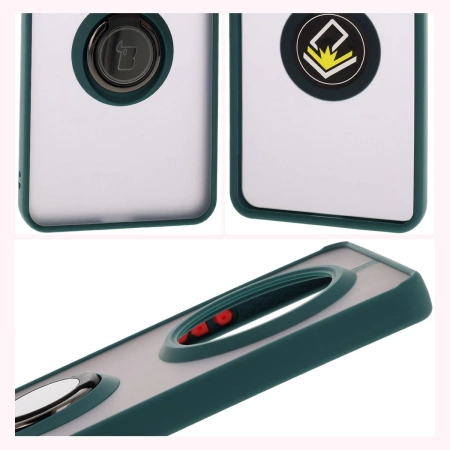 Etui z uchwytem na palec Bizon Case Hybrid Ring do Realme 14 Pro 5G, przydymione z ciemnozieloną ramką