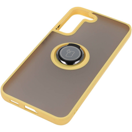 Etui z uchwytem na palec Bizon Case Hybrid Ring do Galaxy S22 Plus, przydymione z żółtą ramką