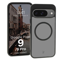 Etui z pierścieniem magnetycznym Bizon Case MatteO do Google Pixel 9/9 Pro, półprzezroczyste z czarną ramką
