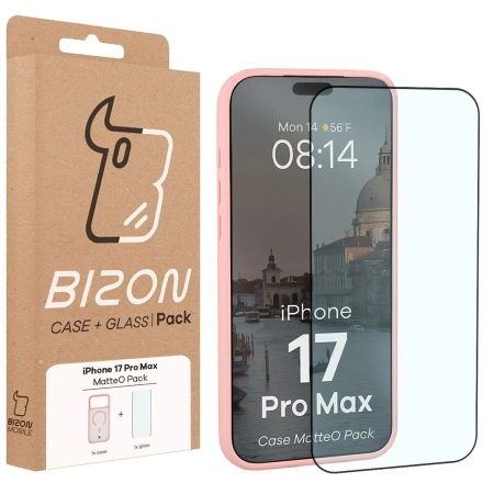Etui z pierścieniem magnetycznym + szkło hartowane Bizon MatteO Pack do iPhone 17 Pro Max, przydymione-jasnoróżowe
