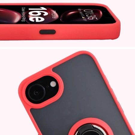 Etui z uchwytem na palec Bizon Case Hybrid Ring do iPhone 16e, przydymione z czerwoną ramką