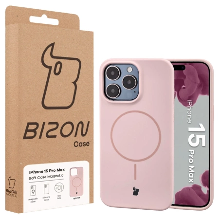Silikonowe etui z pierścieniem magnetycznym Bizon Soft Case Magnetic do iPhone 15 Pro Max, jasnoróżowe