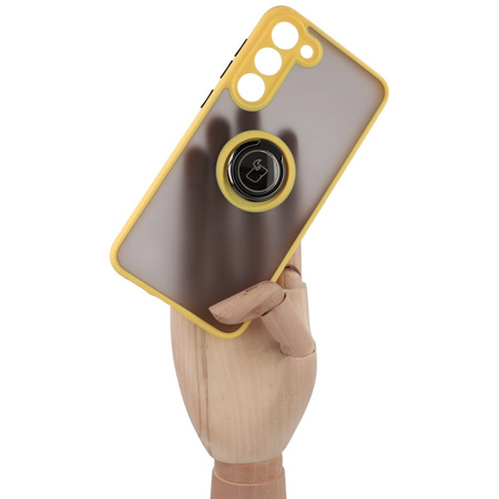 Etui z uchwytem na palec Bizon Case Hybrid Ring do Galaxy S23 Plus, przydymione z żółtą ramką