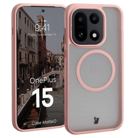 Etui z pierścieniem magnetycznym Bizon Case MatteO do OnePlus 15, przydymione-jasnoróżowe