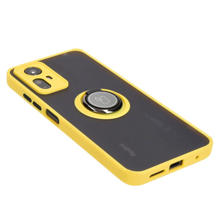 Etui z uchwytem na palec Bizon Case Hybrid Ring do Xiaomi Redmi Note 12S, przydymione z żółtą ramką