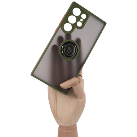 Etui z uchwytem na palec Bizon Case Hybrid Ring do Galaxy S23 Ultra, przydymione z zieloną ramką