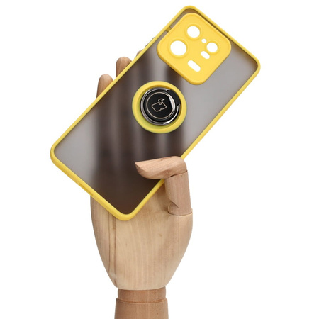 Etui z uchwytem na palec Bizon Case Hybrid Ring do Xiaomi 13 Pro, przydymione z żółtą ramką