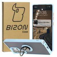 Etui z uchwytem na palec Bizon Case Hybrid Ring do Galaxy S25 Ultra, przydymione z jasnoniebieską ramką