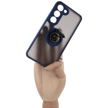 Etui z uchwytem na palec Bizon Case Hybrid Ring do Galaxy S23, przydymione z granatową ramką