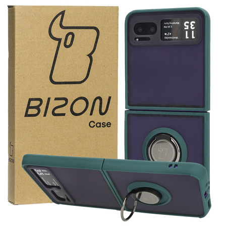 Etui z uchwytem na palec Bizon Case Hybrid Ring do Motorola Razr 40, przydymione z ciemnozieloną ramką