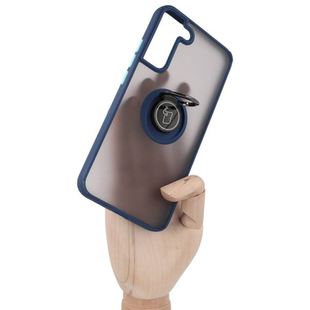 Etui z uchwytem na palec Bizon Case Hybrid Ring do Galaxy S22 Plus, przydymione z granatową ramką