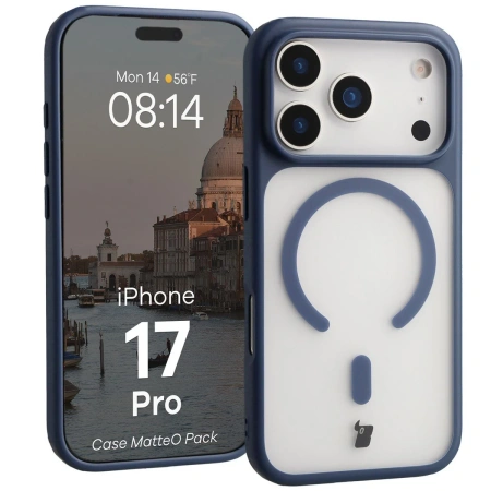Etui z pierścieniem magnetycznym + szkło hartowane Bizon MatteO Pack do iPhone 17 Pro, przydymione-granatowe