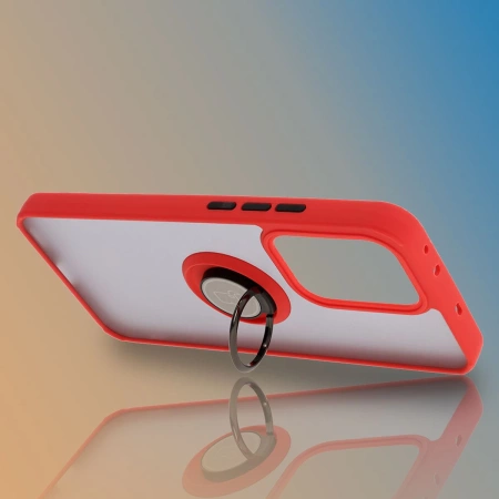 Etui z uchwytem na palec Bizon Case Hybrid Ring do Oppo Reno13 Pro, przydymione z czerwoną ramką