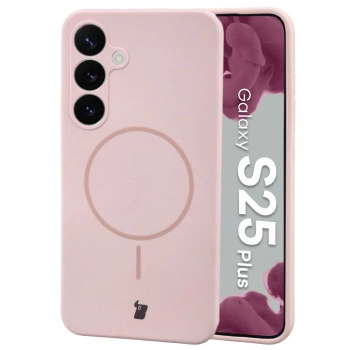 Silikonowe etui z pierścieniem magnetycznym Bizon Soft Case Magnetic do Galaxy S25 Plus, jasnoróżowe