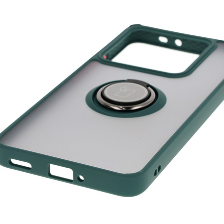 Etui z uchwytem na palec Bizon Case Hybrid Ring do Xiaomi 14T Pro, przydymione z ciemnozieloną ramką