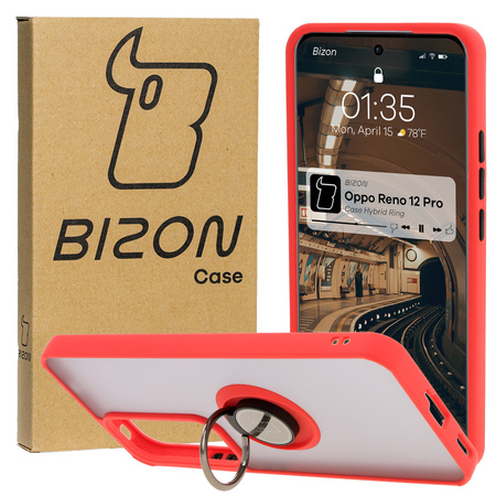 Etui z uchwytem na palec Bizon Case Hybrid Ring do Oppo Reno 12 Pro, przydymione z czerwoną ramką
